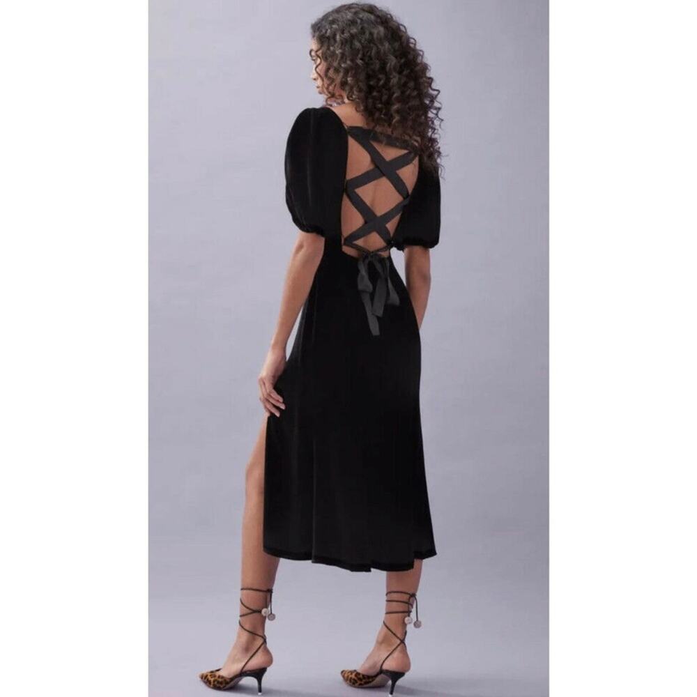 REFORMATION Jocelyn Velvet Midi Dress Puff Sleeve Lace Up Corset Open Back